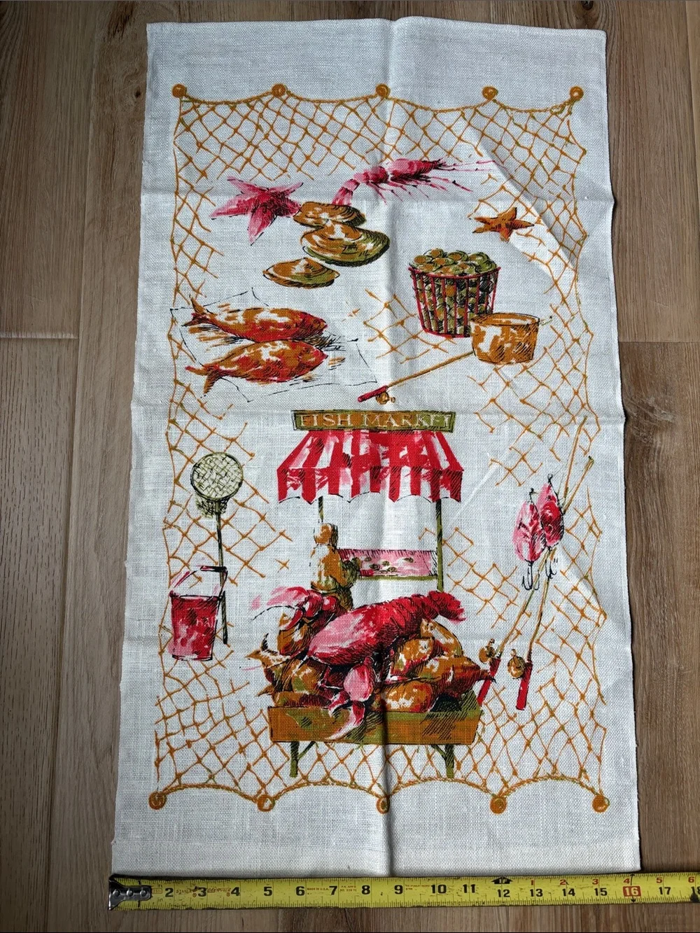 Vintage Fish Market Printed Kitchen Tea Towel - White with Red and Gold Accents